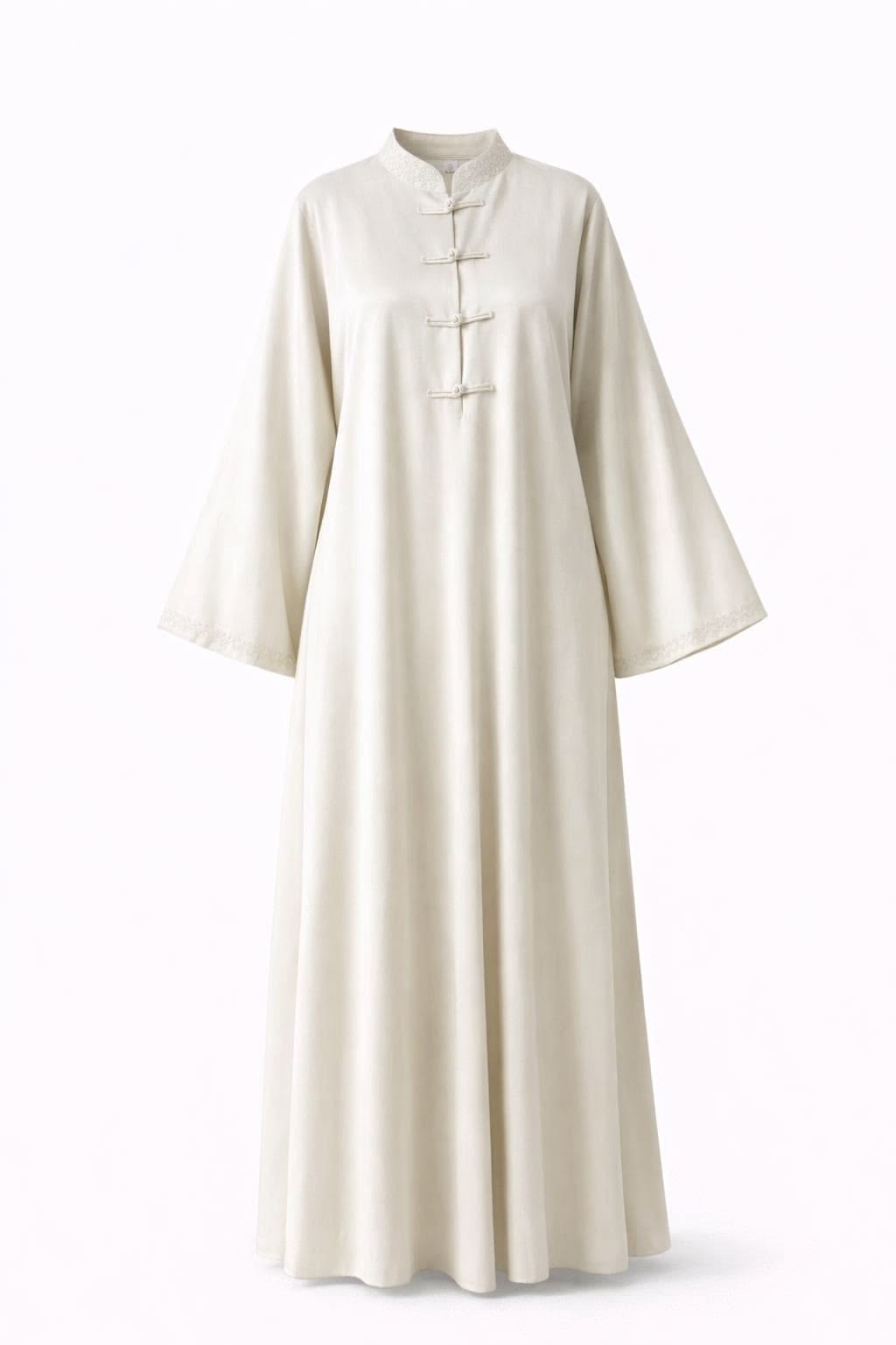 Zaytoon frog-button kaftan in ivory, mandarin collar with embroidered trim