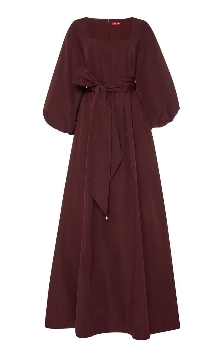 Karam puff-sleeve belted gown in burgundy with pearl tie detail